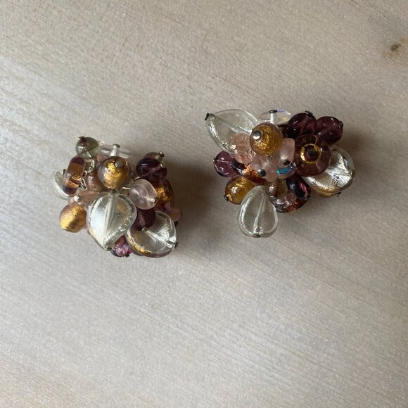 VTG 925 Italy Pierced Glass Chunky Cluster Earrings Brown Purple Rossana fairy - Picture 6 of 14